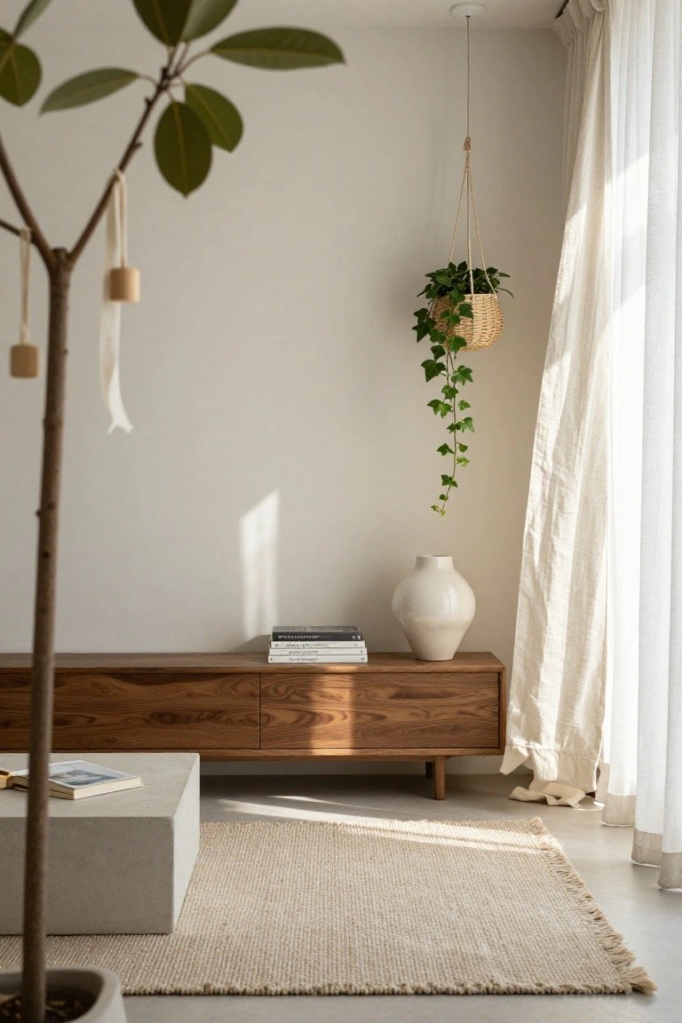 Light-filled living room corner with brown wooden credenza holding stacked books and white ceramic vase, low white cube table, tall potted plant, hanging ivy in woven basket, seagrass rug, and sheer curtains by window.