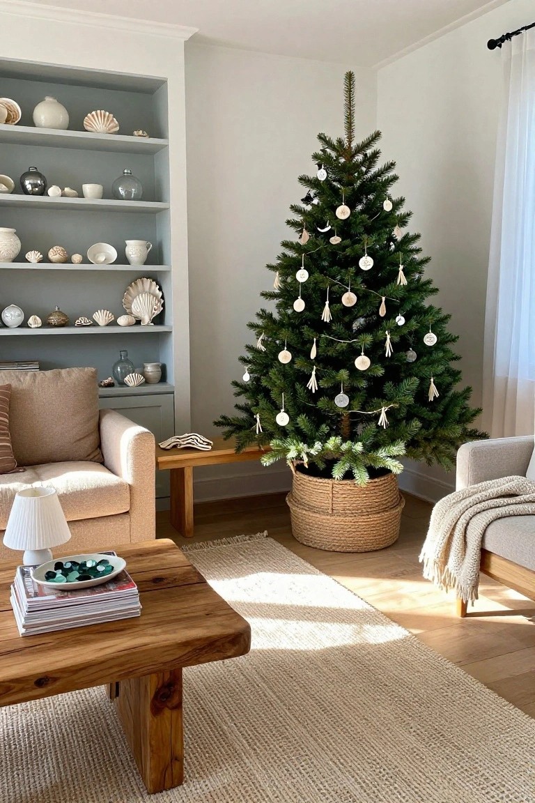 Cozy living room with a decorated Christmas tree, beige sofa, wooden table, and neutral decor.
