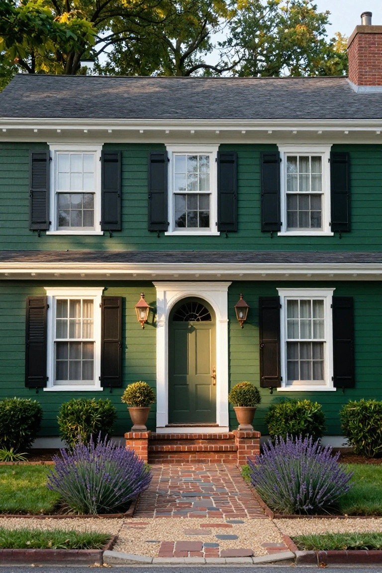 Two-story colonial house painted hunter green with white trim, black shutters on multipane windows, arched green entry door flanked by lanterns and boxwood topiaries, brick steps and pathway, lavender plants, and brick edging in the front yard.