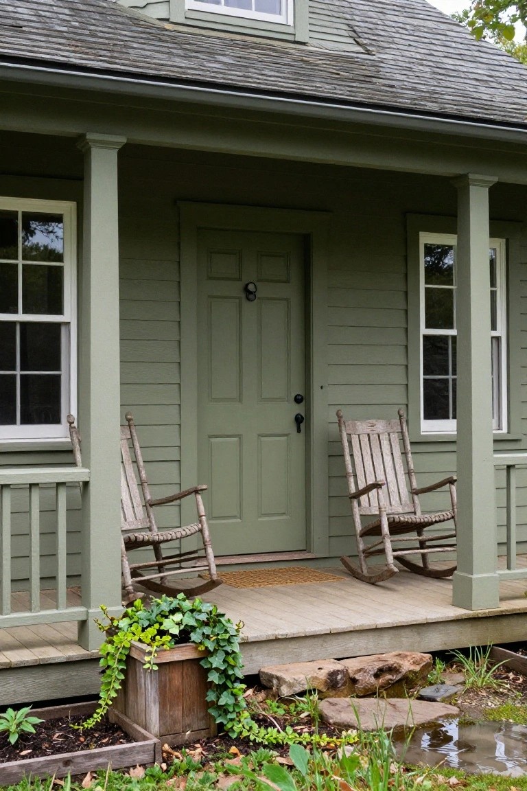 Sage green clapboard house with gabled roof, covered front porch with two wooden rocking chairs flanking a dark green door, white-trimmed windows, and ivy planter at the base.