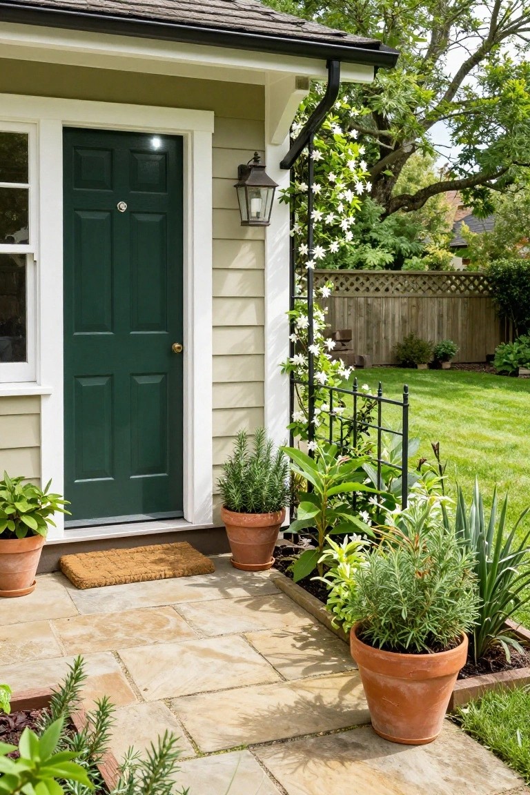 Sage green shingled building exterior with dark green six-panel door, white-framed window, lantern light, potted herbs on stone pathway, climbing white flowers on black metal trellis, and backyard lawn.