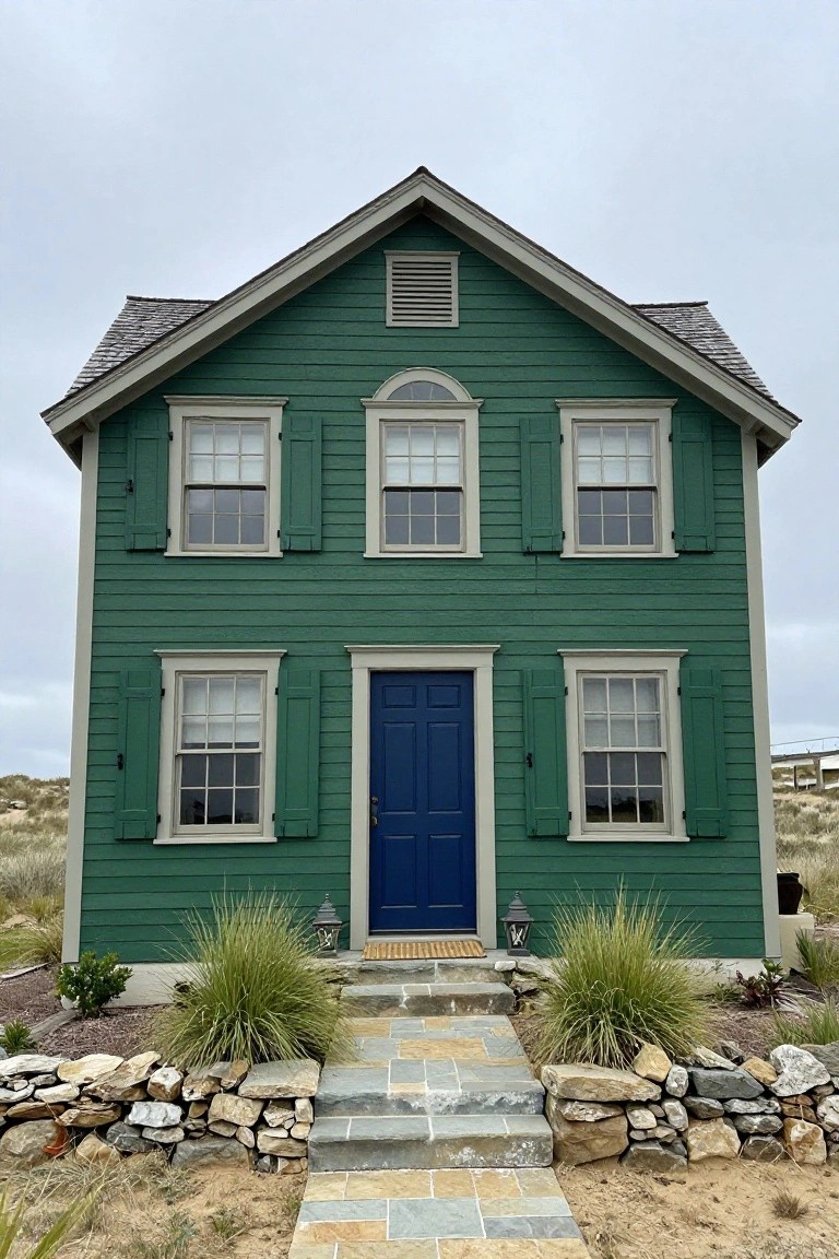 Front view of a two-story green clapboard house with gabled roof, symmetrical double-hung windows, green shutters, central navy blue door, stone steps, lanterns, dune grass, and rock borders.
