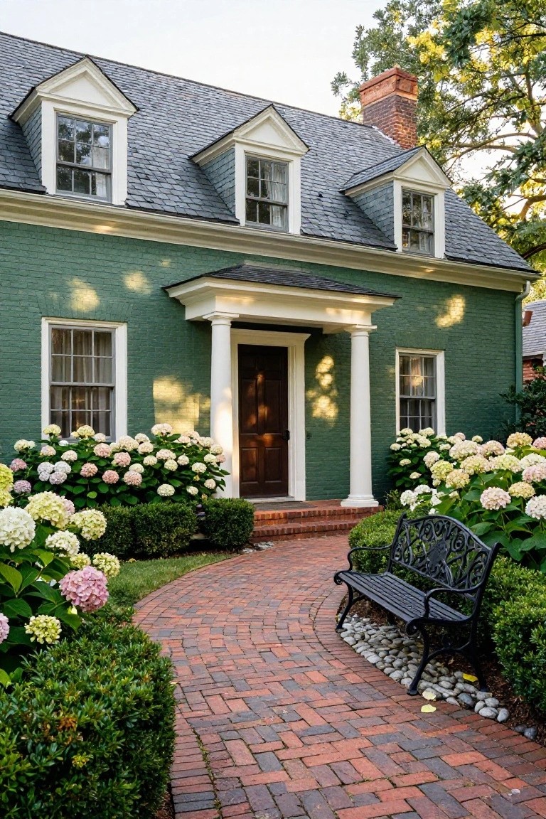 Green colonial-style house with dormer windows, slate roof, white columned portico around a dark wood door, flanked by blooming white and pink hydrangeas, curved brick pathway, black wrought-iron bench, and boxwood shrubs.