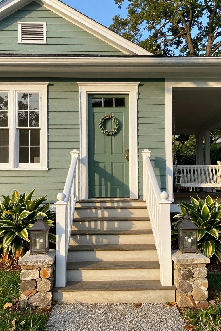 Seafoam green clapboard house exterior featuring a green front door with wreath, white porch with railing and steps flanked by stone pillars topped with lanterns and large-leafed plants on either side, gravel path in front.