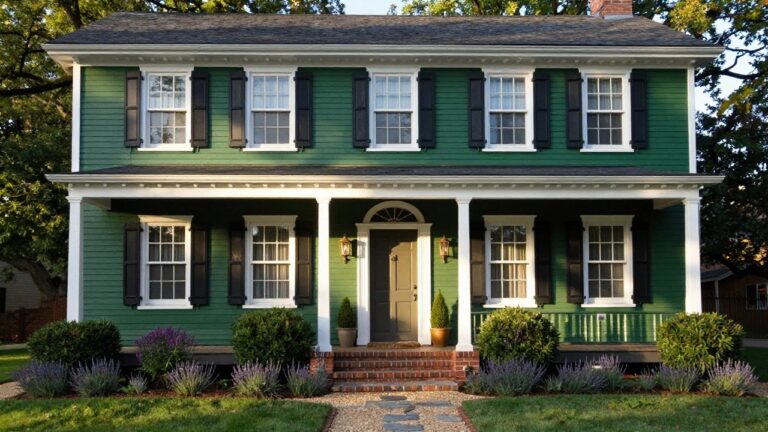 Two-story colonial house painted hunter green with white trim, black shutters on multipane windows, arched green entry door flanked by lanterns and boxwood topiaries, brick steps and pathway, lavender plants, and brick edging in the front yard.