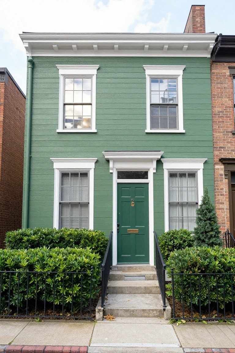 Two-story green clapboard rowhouse with white trim, symmetrical multi-pane windows, green front door with brass knocker and letterbox, black iron fence, boxwood shrubs, and small evergreen tree on a city sidewalk.
