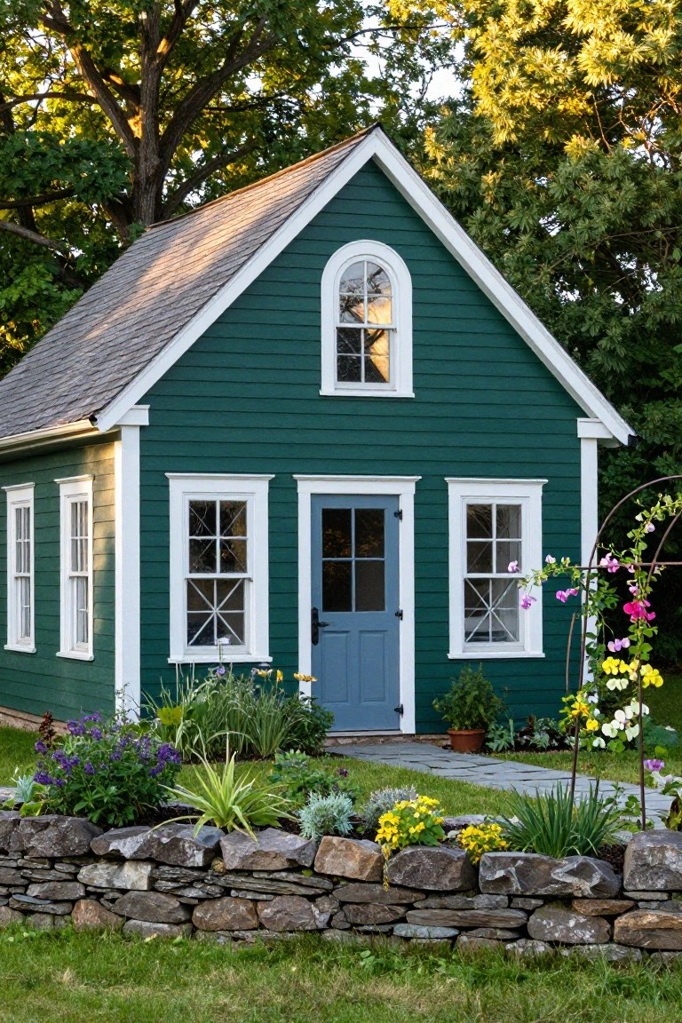 Small green clapboard house with white trim, gabled shingle roof, upper dormer window, blue front door, flower beds, and stone retaining wall in a garden setting.