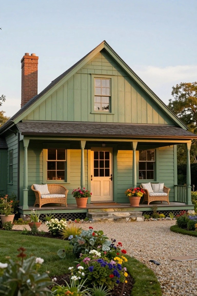 Sage green clapboard house with gabled roof, brick chimney, covered front porch featuring wicker chairs and potted plants, gravel path, and surrounding flower beds.