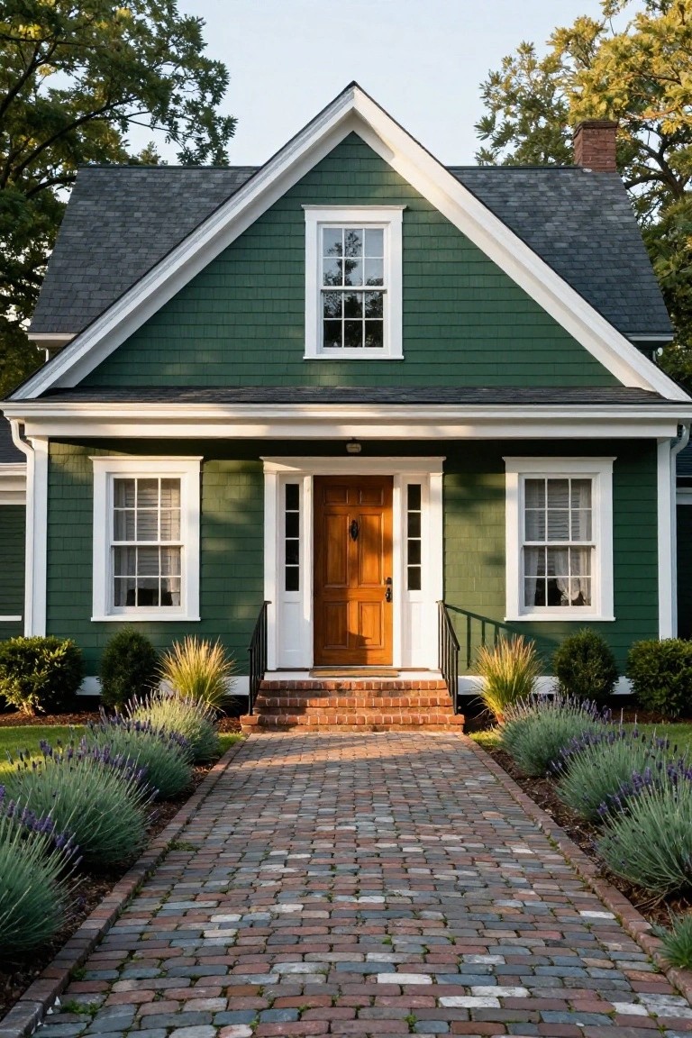 Green shingled colonial house exterior with white trim, gabled dark gray roof, central wooden front door, symmetric double-hung windows, brick entry steps, and brick pathway lined with lavender plants.