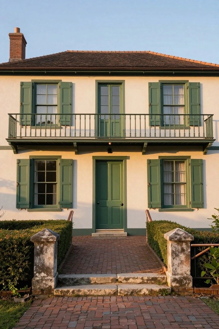 Two-story cream stucco house with green shutters on windows, green front door, wrought-iron balcony, brick walkway, stone steps, and boxwood hedges flanked by stone posts.
