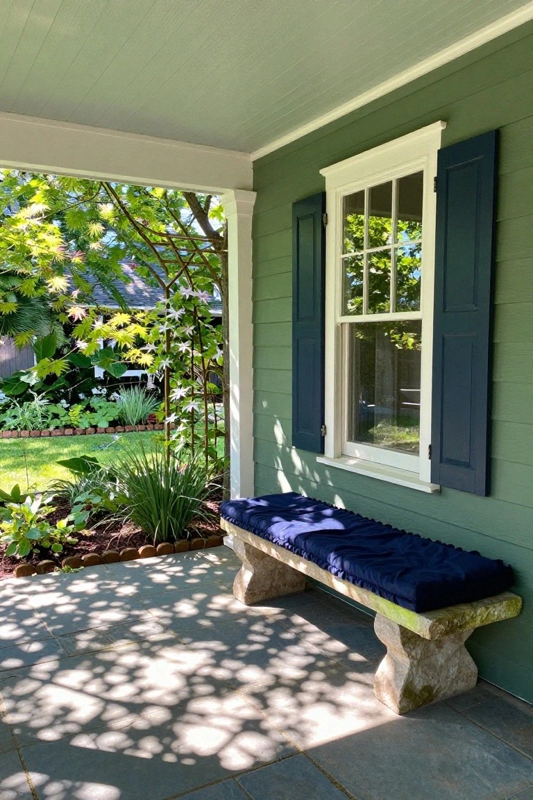 Green shingled house wall under white porch ceiling with white-trimmed six-over-six double-hung window flanked by open navy blue shutters, stone bench with navy cushion on slate porch floor next to garden beds and trees.