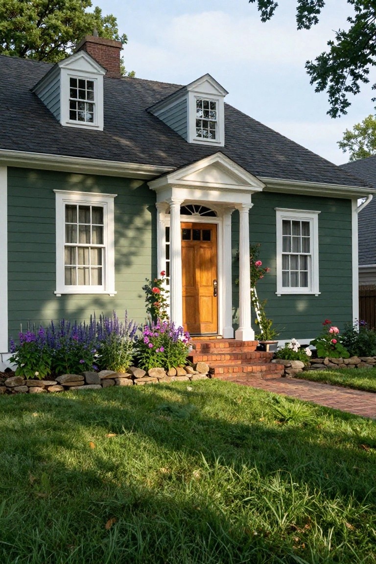 Green siding house with white trim, two dormer windows, columned front porch, wood door, brick steps, flower beds with lavender and roses, stone retaining wall, and front lawn.