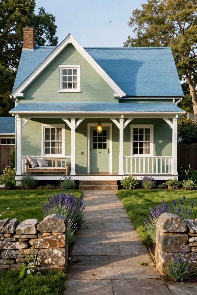 A small sage green clapboard house with blue roof, white-trimmed porch supported by columns, wooden bench with cushions, green front door, and stone pathway edged by lavender plants and low walls.