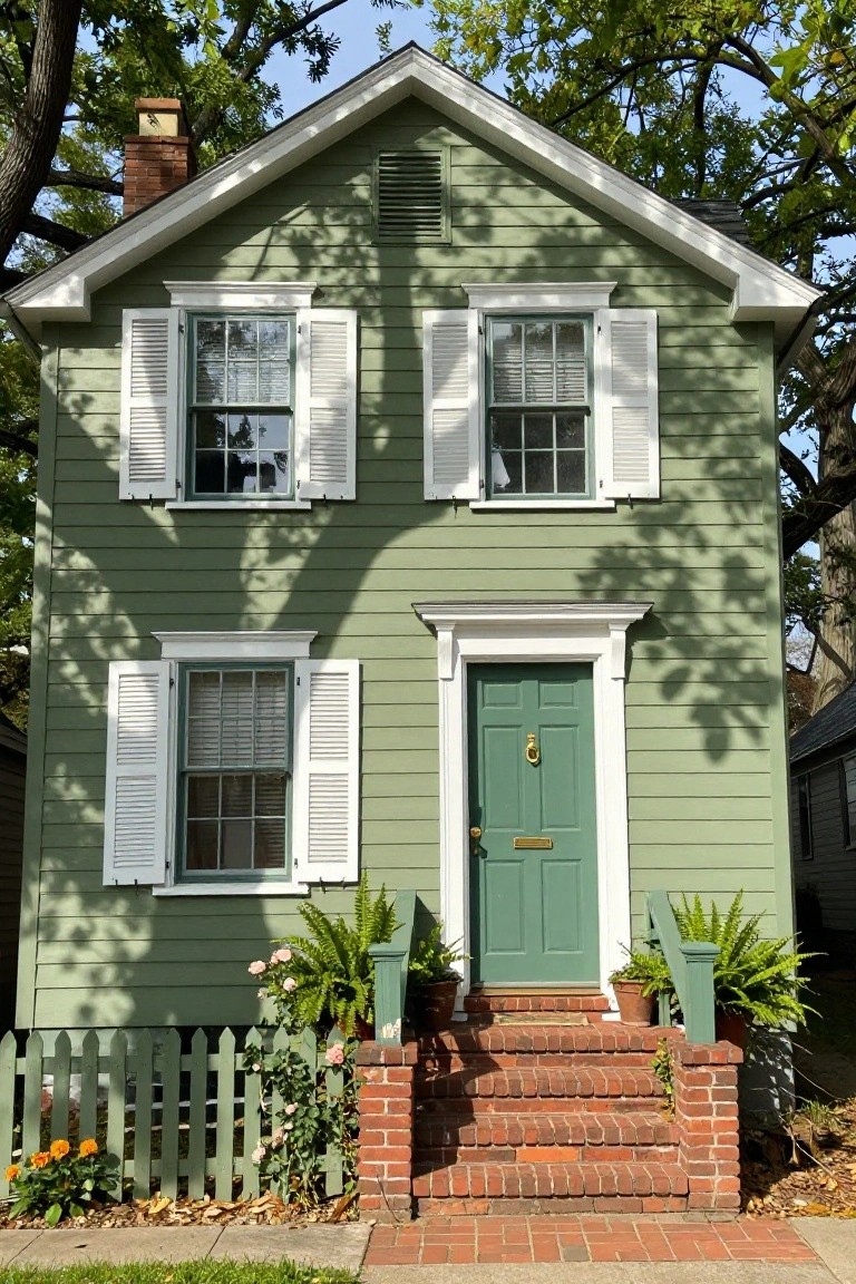 Two-story colonial house with light green clapboard siding, white trim and shutters, green front door with brass knocker, brick steps, potted ferns, roses, picket fence, and oak trees nearby.