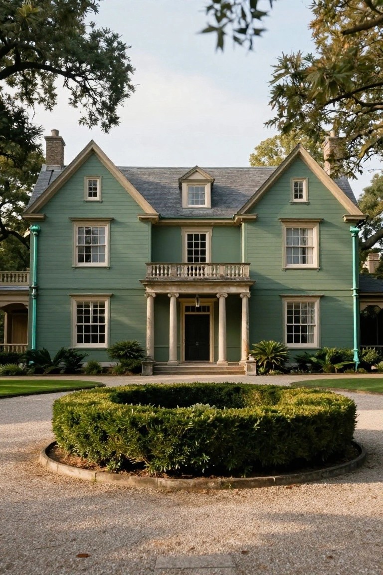 Two-story seafoam green clapboard house with gabled roof, columned portico entry, multi-pane windows, downspouts, palms, and live oak trees, centered on a circular gravel driveway edged by boxwood hedge.