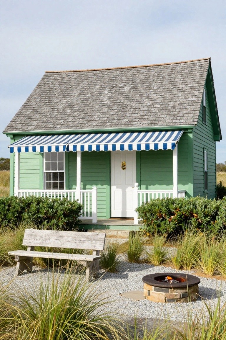 Mint-green clapboard cottage with gabled shingle roof, blue-and-white striped awning over front porch, white door with brass knocker, flanked by shrubs, weathered wooden bench, stone fire pit, gravel ground, and ornamental grasses.