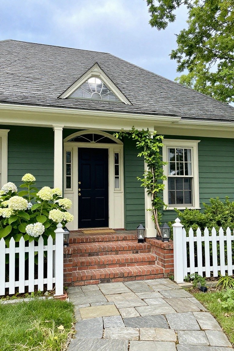 Green shingled house exterior with white porch columns supporting a gabled roof, arched transom above a black front door, brick entry steps, white picket fence, hydrangea bushes, and lantern lights.