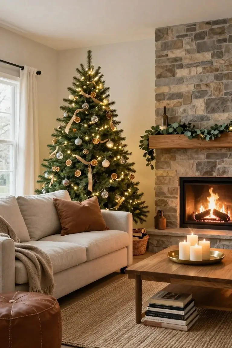 Living room with lit Christmas tree decorated with lights, orange slices, and ribbons positioned next to a stone fireplace with fire burning, beige sofa nearby, wooden coffee table holding candles, and neutral rug.