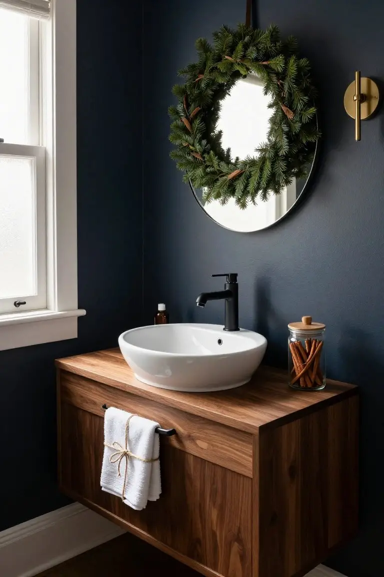 Navy blue bathroom corner featuring a floating wooden vanity with white vessel sink, black faucet, round mirror encircled by an evergreen wreath with cinnamon accents, glass jar of cinnamon sticks, and white towel tied with twine on a bar.