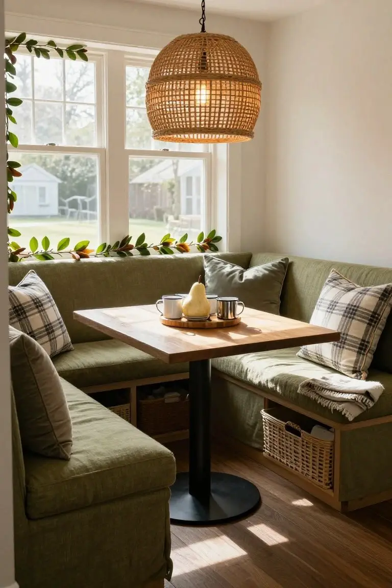 Green upholstered L-shaped banquette with built-in storage beside a square wooden table holding mugs, pears, and pillows in a sunny window nook with wicker pendant light and leaf garland on windows.