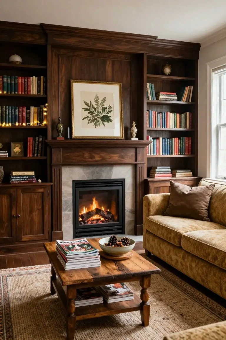 Living room with dark wood built-in bookshelves flanking a lit gas fireplace with stone surround, yellow sofa, wooden coffee table holding stacked magazines and a bowl of pinecones, string lights on shelves, and assorted books and decor objects.
