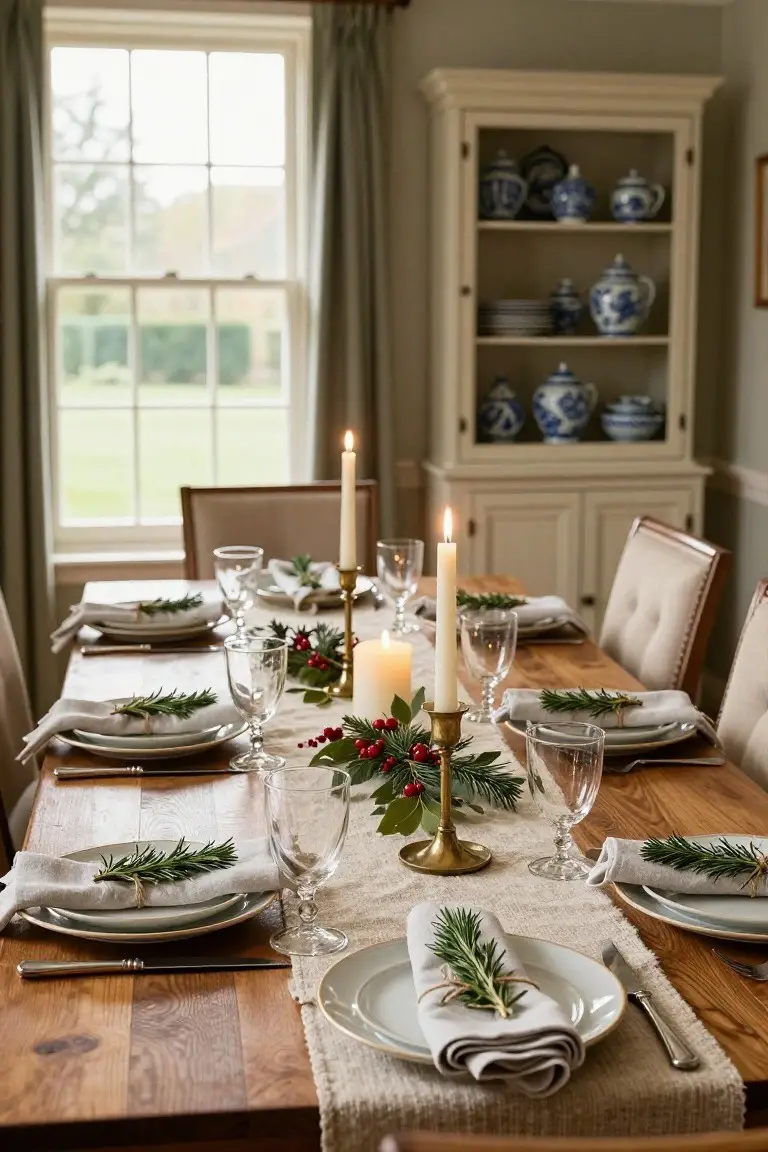 Dining room table set for Christmas dinner on a wooden surface with linen runner, multiple beeswax candles in brass holders, holly and greenery centerpiece, plates with rosemary-tied linen napkins, wine glasses, and upholstered chairs, next to a cabinet displaying blue and white porcelain beside a large window.