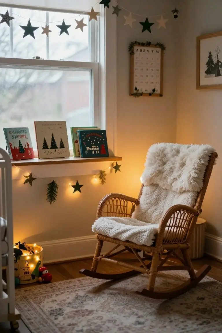 Cozy nursery room featuring a wicker rocking chair with white fur throw and knit blanket, crib nearby, wooden shelf with children's books, fairy lights and Christmas garlands on window and walls, toy bucket on floor, and Advent calendar on wall.