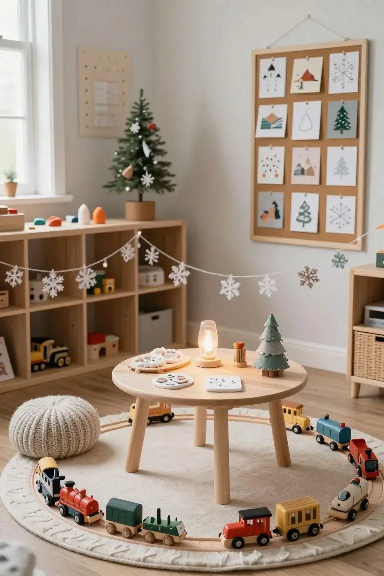 A low round wooden table in a light playroom surrounded by a circular wooden train track with colorful toy trains, small Christmas trees on the table, and holiday decorations on open shelves.