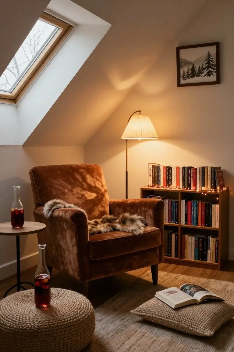 Attic room featuring a brown velvet armchair with fur throw, brass floor lamp, wooden bookshelves lined with books and string lights, side table holding a bottle of red liquid with fruit slices, and an open book on a floor cushion.