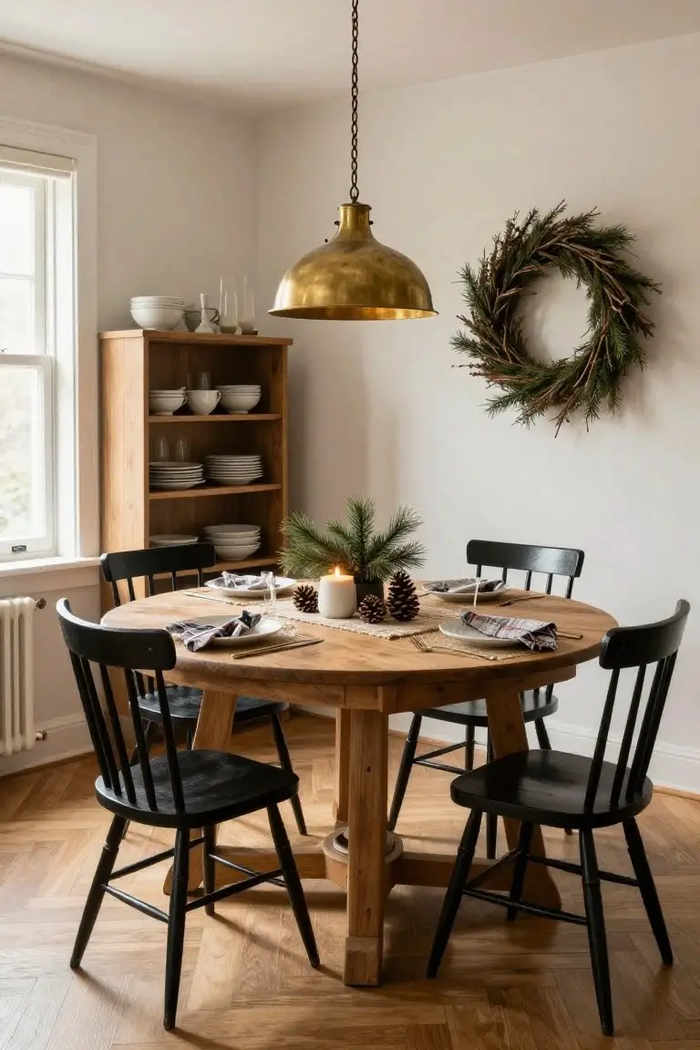 A dining room with a round wooden table set for four with white plates, plaid napkins, candles, pinecones, and small potted trees on a runner, surrounded by four black wooden chairs, under a brass pendant light, next to wooden cabinets and an evergreen wreath on the white wall.
