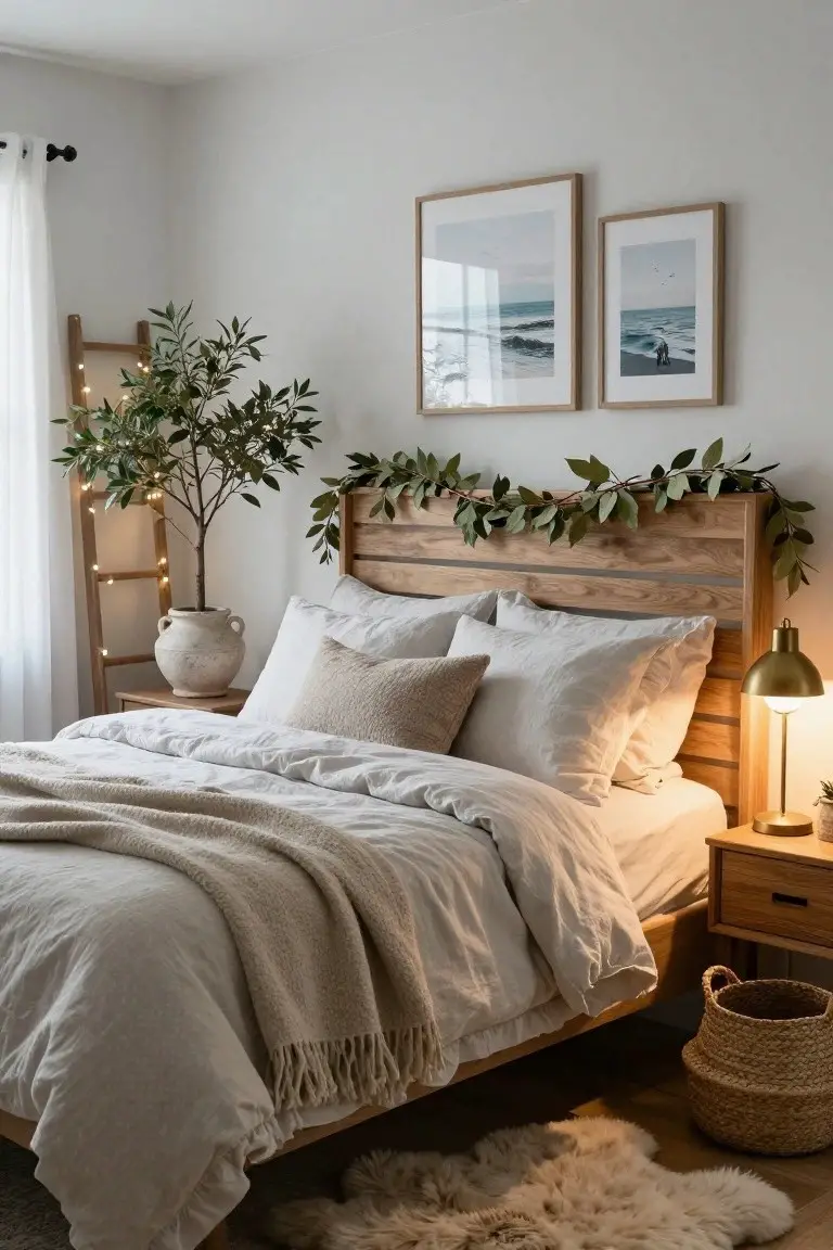 Bedroom with wooden slatted headboard draped in green leafy garland, beige linen bedding and pillows, potted olive tree with fairy lights on ladder shelf, gold lamp on wooden nightstand, seagrass basket, and sheepskin rug on wood floor.