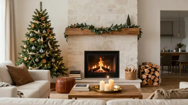 Living room with lit Christmas tree decorated with lights, orange slices, and ribbons positioned next to a stone fireplace with fire burning, beige sofa nearby, wooden coffee table holding candles, and neutral rug.