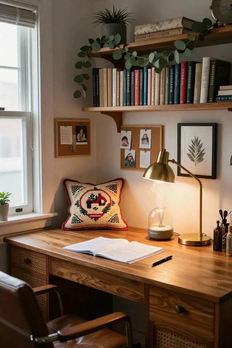 Cozy home study corner with rattan-trimmed wooden desk, open leather chair with large red quilted Christmas embroidered pillow, bookshelves with plants and books, gold desk lamp, and wall art.