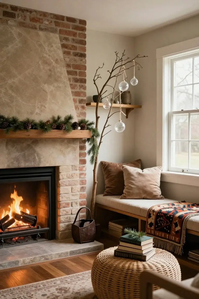 Warmly lit cozy living room corner with brick and stone fireplace burning logs, wooden mantel holding pine garland with pinecones, tall bare branch tree with hanging glass ornaments, beige cushioned bench with pillows and woven throw, wicker stool stacked with books, near a window.