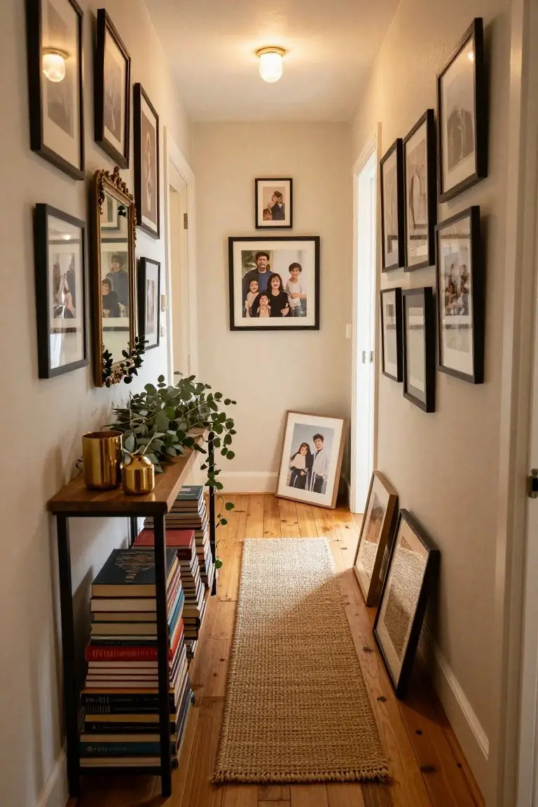 Narrow hallway with walls lined in an eclectic mix of black and gold frames holding family photos and artwork, wooden console table with stacked books, gold vases, and eucalyptus plant on hardwood floors with seagrass runner.