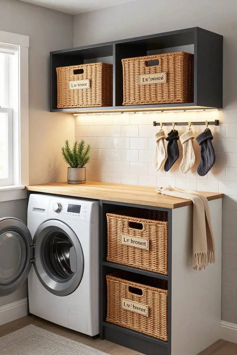 Laundry room featuring an open white front-load washer, built-in lower cabinets with three labeled wicker baskets, oak countertop, subway tile backsplash with under-cabinet lighting and hanging rod displaying four knit stockings in neutral colors, potted plant on counter, and upper floating shelves with two more wicker baskets.