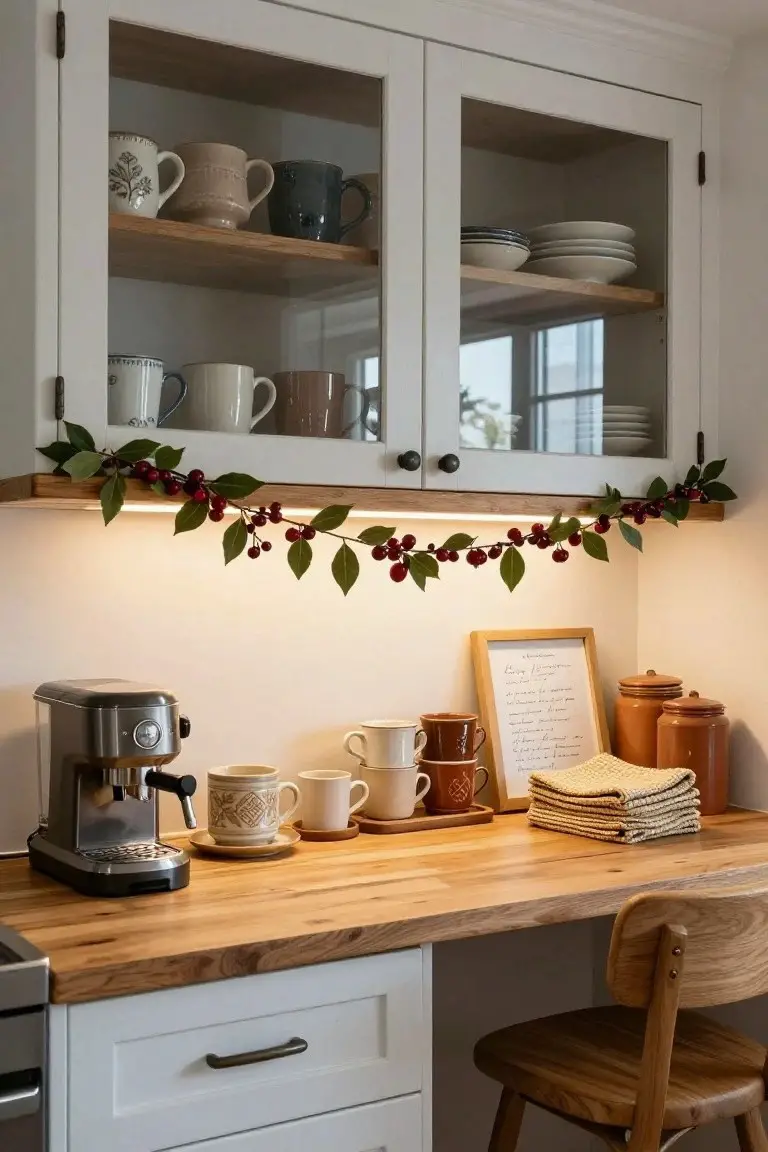 Holly Berry Garland Above Kitchen Cabinets