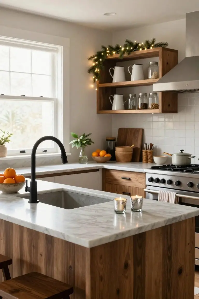 Modern kitchen with wooden open shelves holding white pitchers and jars, decorated with evergreen garland and fairy lights above white cabinets, marble island with candles and sink, stainless steel range, and bowls of oranges on counters.