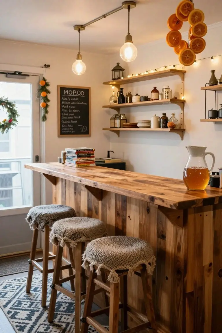 Wooden bar counter with three high stools covered in gray knitted fabric, shelves holding jars and books, chalkboard menu on wall, dried orange wreath hanging above, and evergreen garlands near glass door in cozy interior.