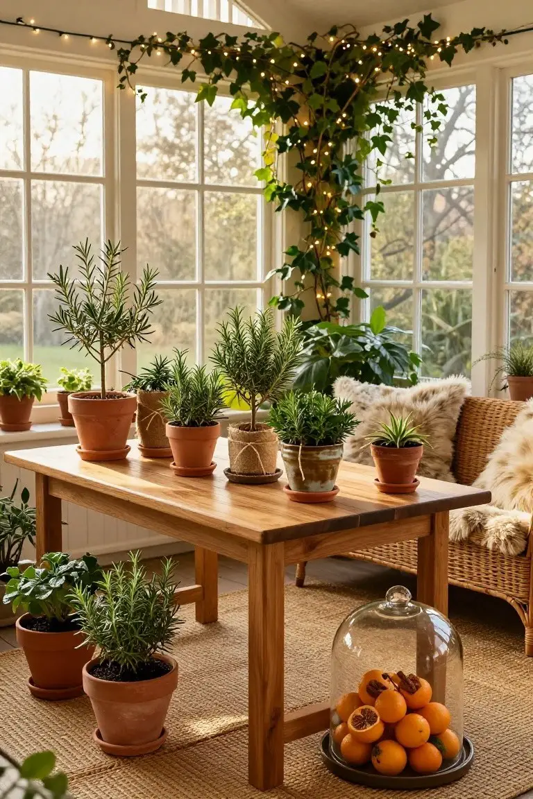 Sunroom interior with a central wooden table holding multiple potted herb plants in terracotta pots, ivy climbing walls with string lights, large windows, wicker chairs with sheepskin pillows, and a glass dome on the floor covering oranges and cinnamon sticks.