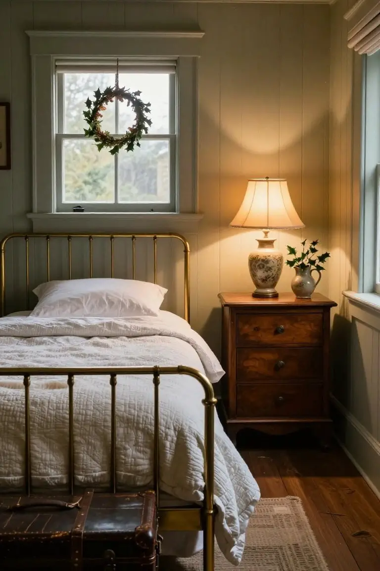 Corner of a cozy bedroom featuring a brass bed with white linens, wooden dresser with lamp and vases, holly wreath on window, and vintage suitcase at the foot.