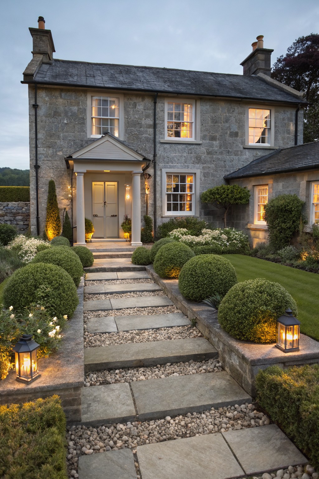 Gray stone cottage exterior with slate roof, two chimneys, lit windows, columned front porch with double doors, stone slab pathway with gravel edges lined by spherical boxwood shrubs and lanterns, surrounded by clipped hedges and lawn.