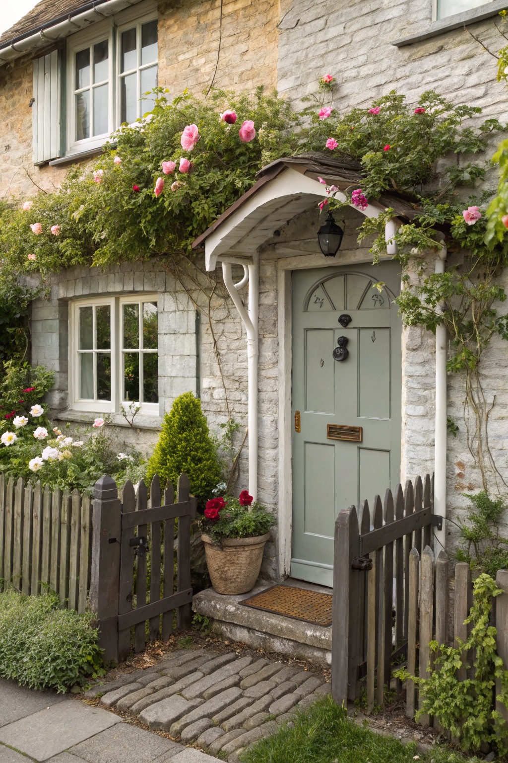 Gray stone cottage exterior featuring a sage green front door under a small porch draped with pink climbing roses, wooden picket fence, potted plants, and garden bed.