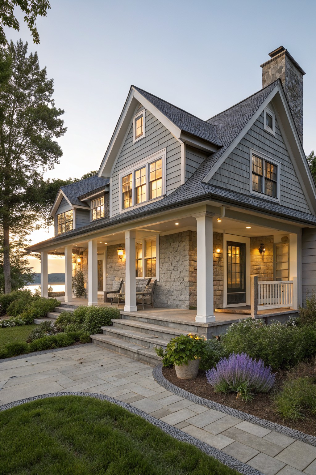 Gray shingle siding house with stone foundation, covered front porch supported by columns, steps and bluestone path leading to entry, landscaping beds, and lake view in evening light.