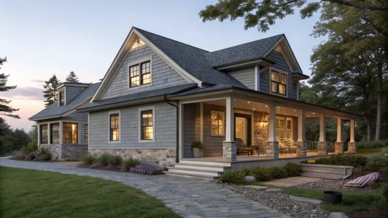 Gray shingle siding house with stone foundation, covered front porch supported by columns, steps and bluestone path leading to entry, landscaping beds, and lake view in evening light.