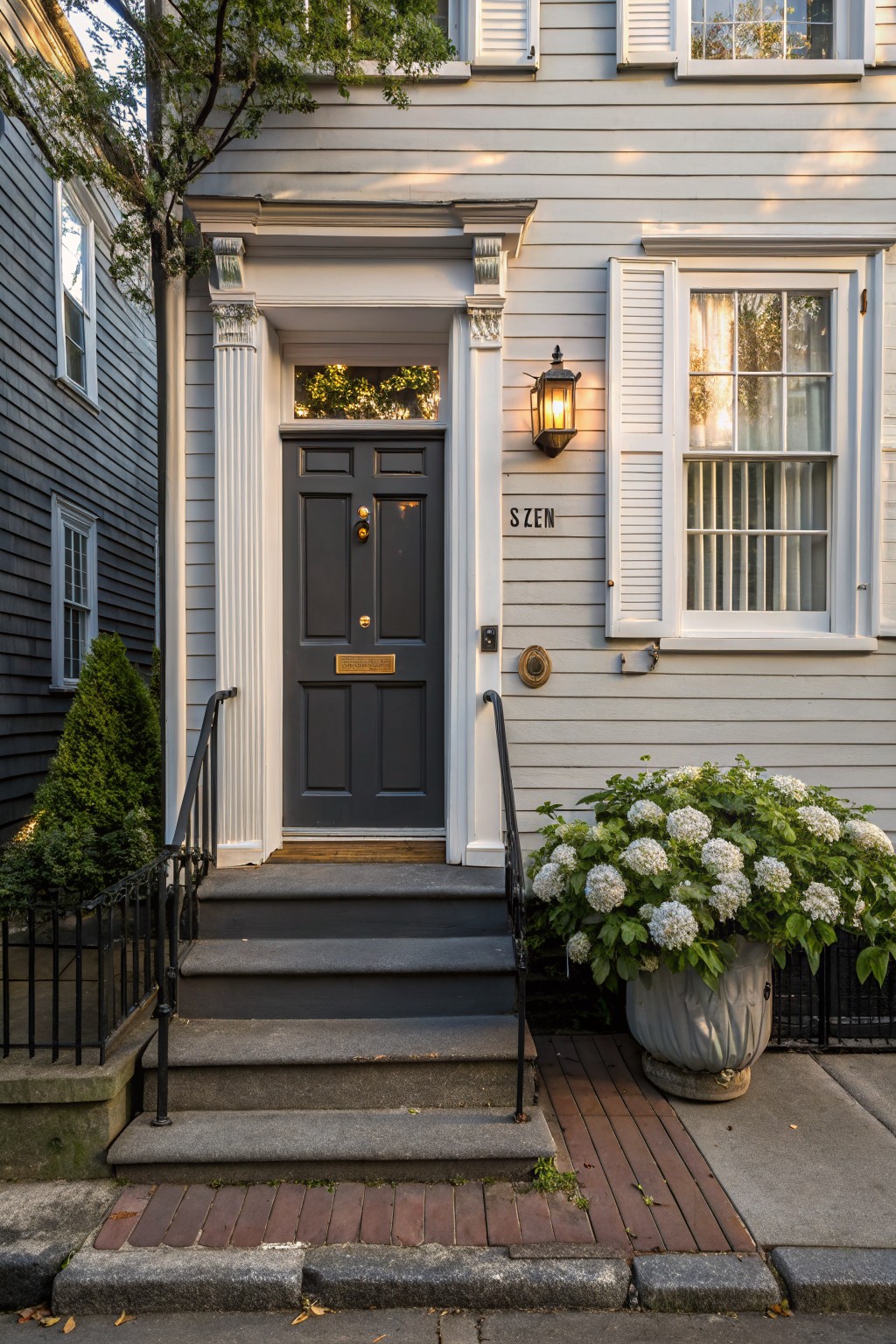 Gray shingled house facade with white fluted columns framing a dark paneled front door, brass lantern beside it, steps with black railing, and large potted white hydrangea on the sidewalk.