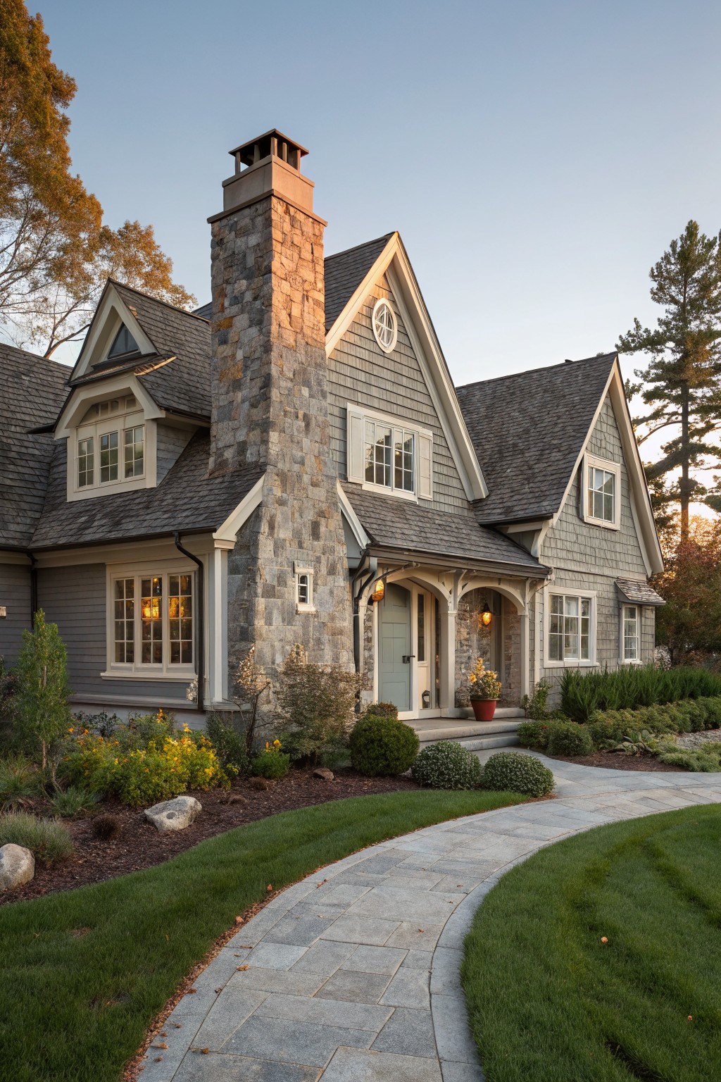 Two-story gray shingle cottage exterior with tall stacked stone chimney, gabled roofs, covered front porch, multiple windows, and curved stone pathway through front yard landscaping.