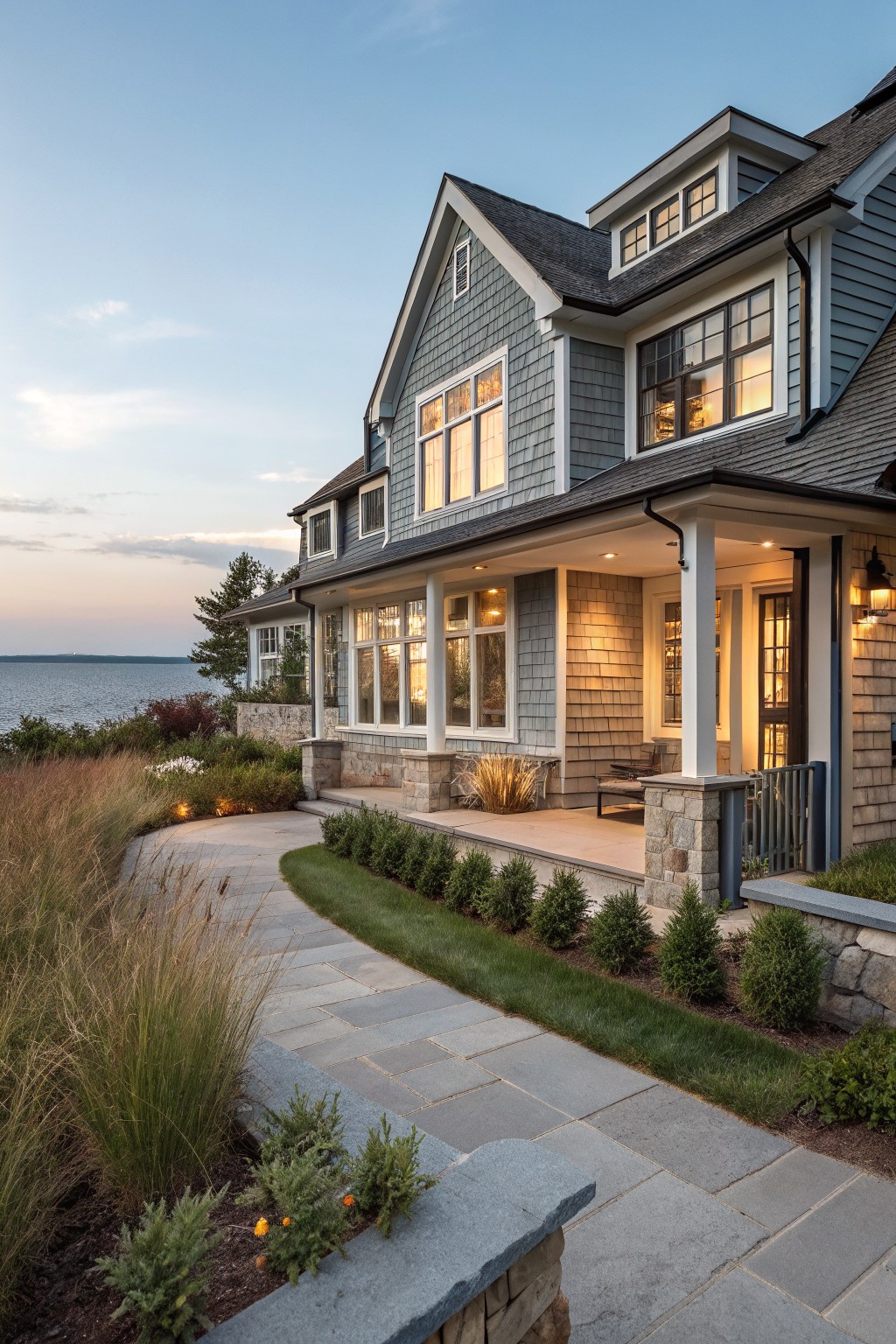 Gray shingled two-story house exterior with gabled roof, covered front porch on stone pillars, bluestone walkway edged by grasses and shrubs, overlooking a lake at dusk.