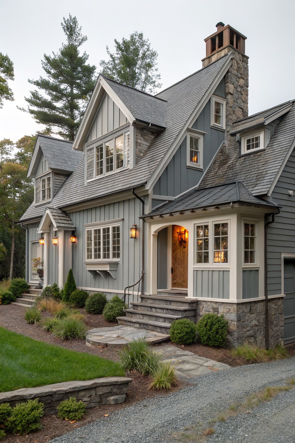 Gray shingle-style two-story house with clapboard siding, tall stone chimney, gabled roofs, small arched front porch entry with lanterns, stone foundation, and surrounding landscaping with trees, shrubs, and gravel path.
