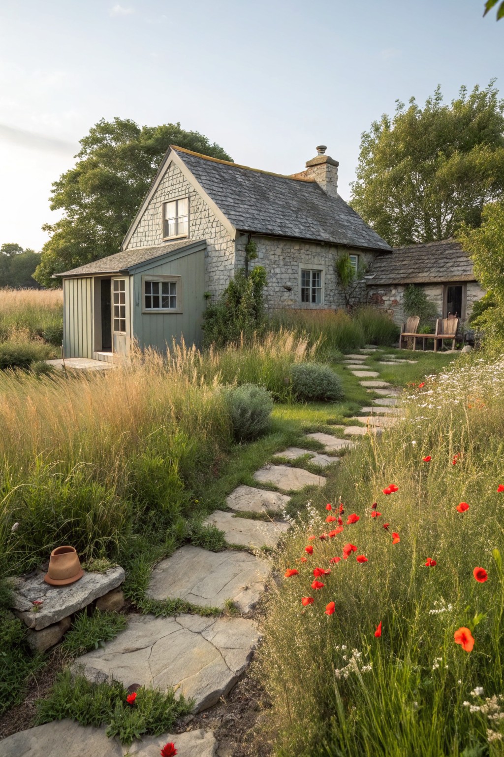 Gray stone cottage with gabled slate roof and attached green wooden shed, wooden benches nearby, irregular stone path winding through tall grasses, wildflowers including red poppies, and a terracotta pot with hat on a stone slab in the foreground.